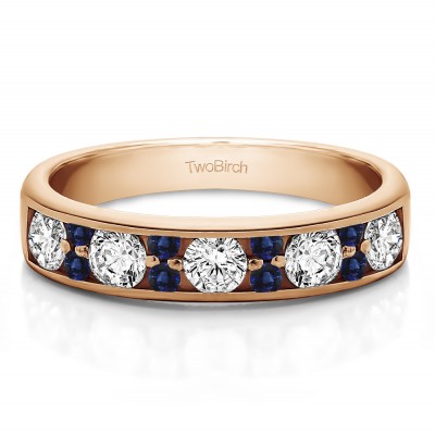 0.76 Carat Sapphire and Diamond Alternating Large and Small Round Stone Wedding Ring  in Rose Gold