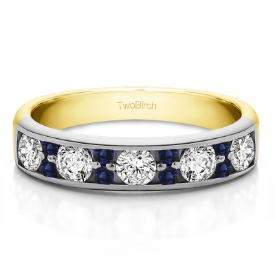 0.76 Carat Sapphire and Diamond Alternating Large and Small Round Stone Wedding Ring  in Two Tone Gold