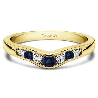 0.23 Ct. Sapphire and Diamond Graduated Seven Stone Contour Wedding Ring in Yellow Gold