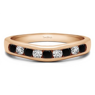 0.25 Ct. Black and White Nine Stone Round Channel Set Contour Curved Band in Rose Gold