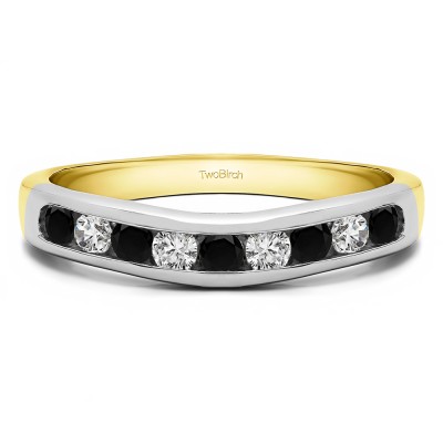 0.25 Ct. Black and White Nine Stone Round Channel Set Contour Curved Band in Two Tone Gold