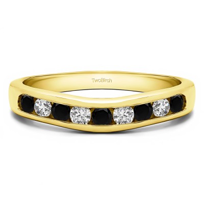 0.5 Ct. Black and White Nine Stone Round Channel Set Contour Curved Band in Yellow Gold