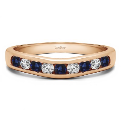 0.5 Ct. Sapphire and Diamond Nine Stone Round Channel Set Contour Curved Band in Rose Gold