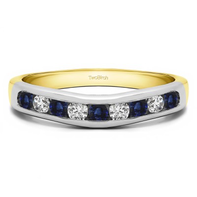 0.5 Ct. Sapphire and Diamond Nine Stone Round Channel Set Contour Curved Band in Two Tone Gold