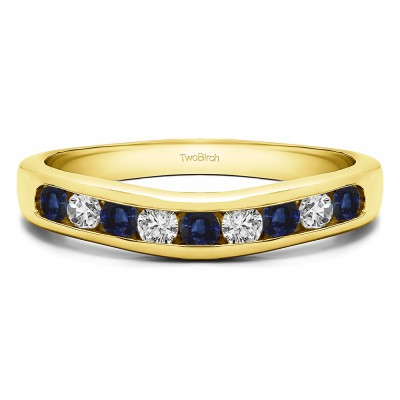 0.25 Ct. Sapphire and Diamond Nine Stone Round Channel Set Contour Curved Band in Yellow Gold