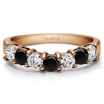 0.5 Ct. Black and White Seven Stone Shared Prong Contoured Wedding Ring in Rose Gold