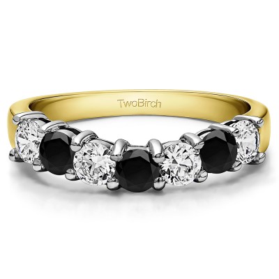 1 Ct. Black and White Seven Stone Shared Prong Contoured Wedding Ring in Two Tone Gold