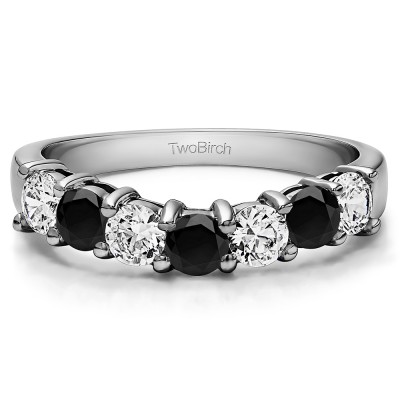 0.25 Ct. Black and White Seven Stone Shared Prong Contoured Wedding Ring
