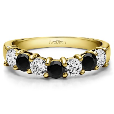 1 Ct. Black and White Seven Stone Shared Prong Contoured Wedding Ring in Yellow Gold