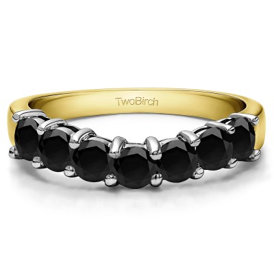 1 Ct. Black Seven Stone Shared Prong Contoured Wedding Ring in Two Tone Gold
