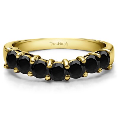 1 Ct. Black Seven Stone Shared Prong Contoured Wedding Ring in Yellow Gold