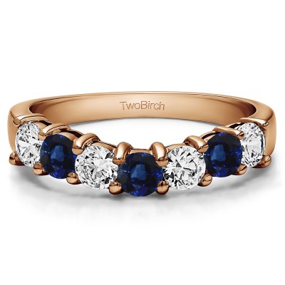 1 Ct. Sapphire and Diamond Seven Stone Shared Prong Contoured Wedding Ring in Rose Gold