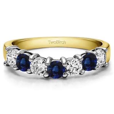 0.25 Ct. Sapphire and Diamond Seven Stone Shared Prong Contoured Wedding Ring in Two Tone Gold