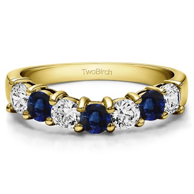 0.75 Ct. Sapphire and Diamond Seven Stone Shared Prong Contoured Wedding Ring in Yellow Gold