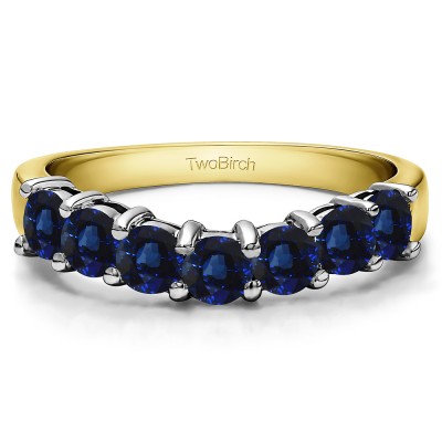 0.25 Ct. Sapphire Seven Stone Shared Prong Contoured Wedding Ring in Two Tone Gold