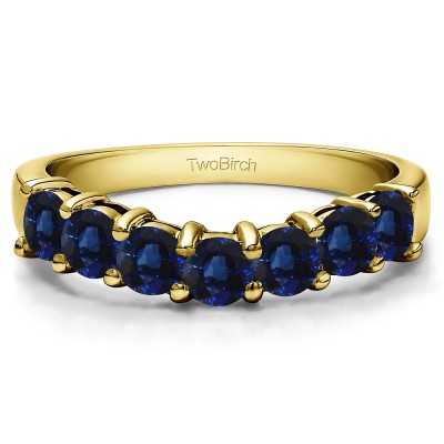 1 Ct. Sapphire Seven Stone Shared Prong Contoured Wedding Ring in Yellow Gold