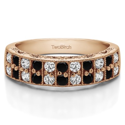 0.99 Carat Black and White Double Row Millgrained Pave Vintage Wedding Ring  in Rose Gold