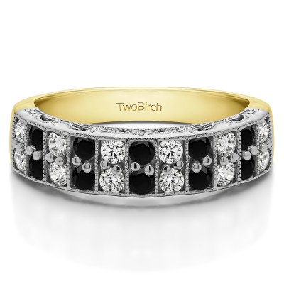 0.99 Carat Black and White Double Row Millgrained Pave Vintage Wedding Ring  in Two Tone Gold