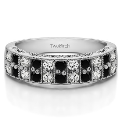 0.99 Carat Black and White Double Row Millgrained Pave Vintage Wedding Ring