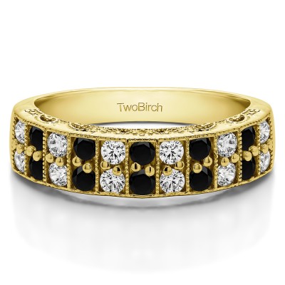0.99 Carat Black and White Double Row Millgrained Pave Vintage Wedding Ring  in Yellow Gold