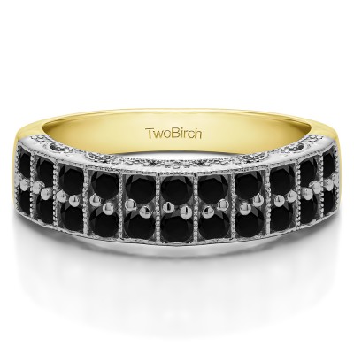0.99 Carat Black Double Row Millgrained Pave Vintage Wedding Ring  in Two Tone Gold