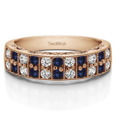 0.99 Carat Sapphire and Diamond Double Row Millgrained Pave Vintage Wedding Ring  in Rose Gold