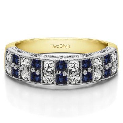 0.99 Carat Sapphire and Diamond Double Row Millgrained Pave Vintage Wedding Ring  in Two Tone Gold
