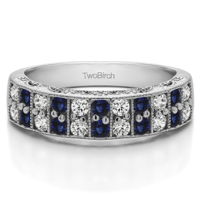 0.99 Carat Sapphire and Diamond Double Row Millgrained Pave Vintage Wedding Ring