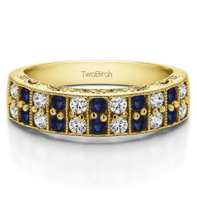 0.99 Carat Sapphire and Diamond Double Row Millgrained Pave Vintage Wedding Ring  in Yellow Gold