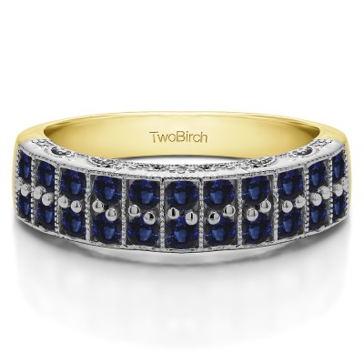 0.99 Carat Sapphire Double Row Millgrained Pave Vintage Wedding Ring  in Two Tone Gold