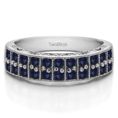 0.99 Carat Sapphire Double Row Millgrained Pave Vintage Wedding Ring