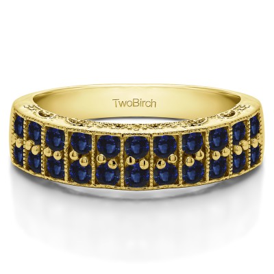 0.99 Carat Sapphire Double Row Millgrained Pave Vintage Wedding Ring  in Yellow Gold