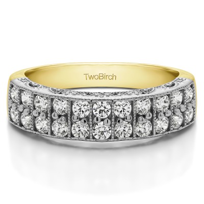 0.99 Carat Double Row Millgrained Pave Vintage Wedding Ring  in Two Tone Gold