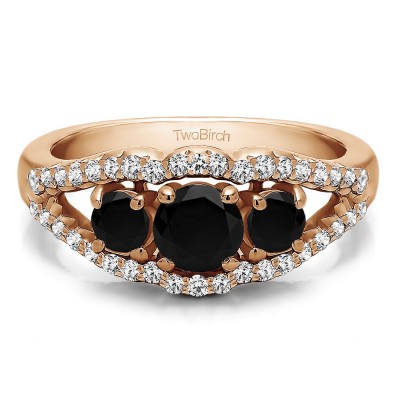 1.04 Carat Black and White Three Stone Prong Set Wedding Band in Rose Gold