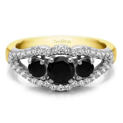 1.04 Carat Black and White Three Stone Prong Set Wedding Band in Two Tone Gold