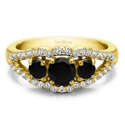 1.04 Carat Black and White Three Stone Prong Set Wedding Band in Yellow Gold