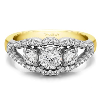 1.04 Carat Three Stone Prong Set Wedding Band in Two Tone Gold