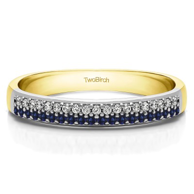 0.2 Carat Sapphire and Diamond Double Row Pave Set Wedding Ring in Two Tone Gold