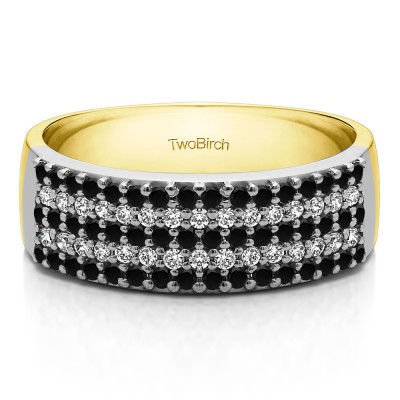 1 Carat Black and White Double Row Pave Set Wedding Ring in Two Tone Gold