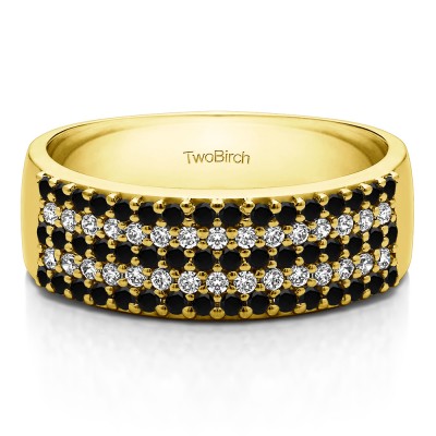 1 Carat Black and White Double Row Pave Set Wedding Ring in Yellow Gold