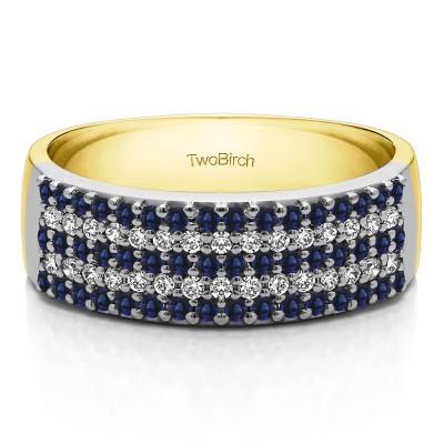1 Carat Sapphire and Diamond Double Row Pave Set Wedding Ring in Two Tone Gold