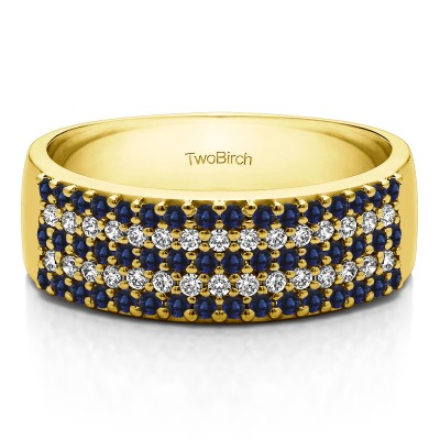 1 Carat Sapphire and Diamond Double Row Pave Set Wedding Ring in Yellow Gold