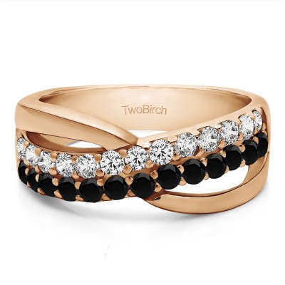 0.78 Carat Black and White Double Row Shared Prong Bypass Wedding Ring  in Rose Gold