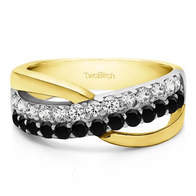 0.78 Carat Black and White Double Row Shared Prong Bypass Wedding Ring  in Two Tone Gold
