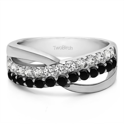 0.78 Carat Black and White Double Row Shared Prong Bypass Wedding Ring