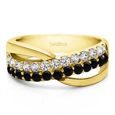 0.78 Carat Black and White Double Row Shared Prong Bypass Wedding Ring  in Yellow Gold