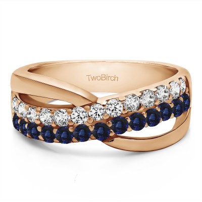 0.78 Carat Sapphire and Diamond Double Row Shared Prong Bypass Wedding Ring  in Rose Gold