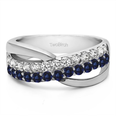 0.78 Carat Sapphire and Diamond Double Row Shared Prong Bypass Wedding Ring