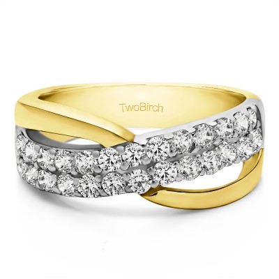 0.78 Carat Double Row Shared Prong Bypass Wedding Ring  in Two Tone Gold