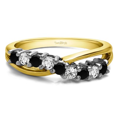 0.55 Carat Black and White Ten Stone Shared Prong Bypass Wedding Band  in Two Tone Gold